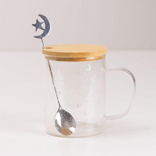 Caneca de Vidro Com Colher Estrelas